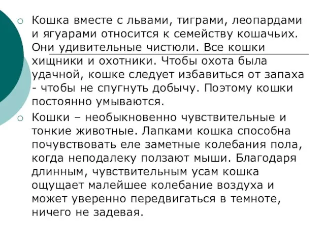 Кошка вместе с львами, тиграми, леопардами и ягуарами относится к семейству