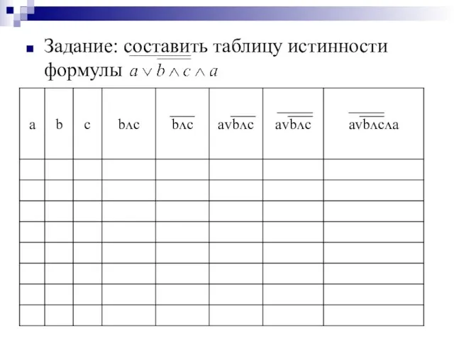 Задание: составить таблицу истинности формулы