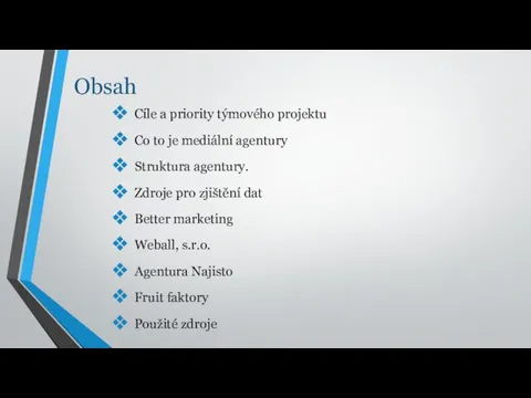 Obsah Cíle a priority týmového projektu Co to je mediální agentury