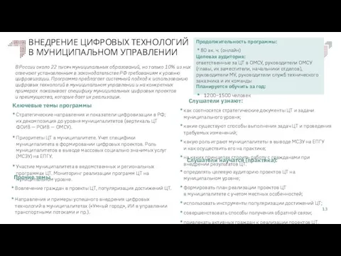 ВНЕДРЕНИЕ ЦИФРОВЫХ ТЕХНОЛОГИЙ В МУНИЦИПАЛЬНОМ УПРАВЛЕНИИ Слушатели научатся (практика): Слушатели узнают: