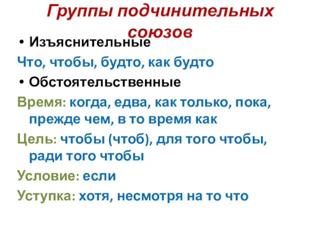 Группы подчинительных союзов Изъяснительные Что, чтобы, будто, как будто Обстоятельственные Время: