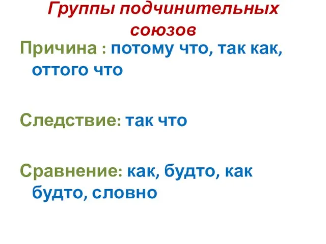 Группы подчинительных союзов Причина : потому что, так как, оттого что