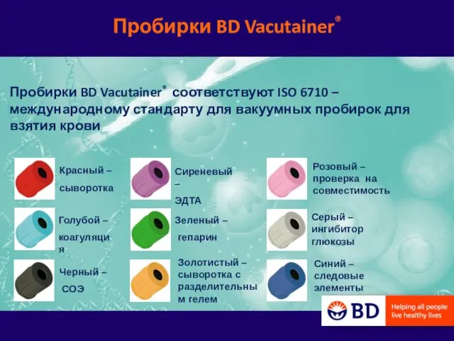 Пробирки BD Vacutainer® Пробирки BD Vacutainer® соответствуют ISO 6710 – международному