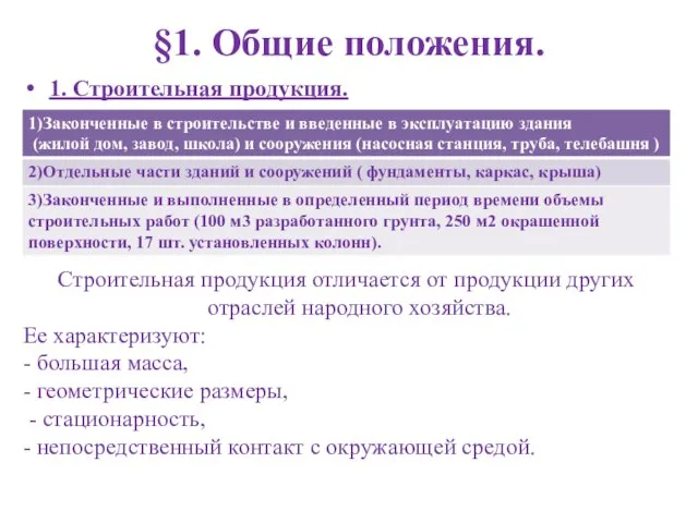 §1. Общие положения. 1. Строительная продукция. Строительная продукция отличается от продукции