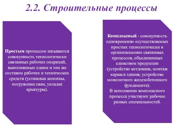 2.2. Строительные процессы Простым процессом называется совокупность технологически связанных рабочих операций,