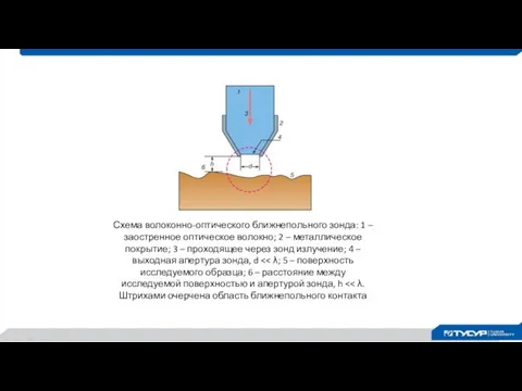 Схема волоконно-оптического ближнепольного зонда: 1 – заостренное оптическое волокно; 2 –