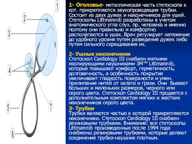 1- Оголовье- металлическая часть стетоскопа к кот. прикрепляются звукопроводящие трубки. Состоит