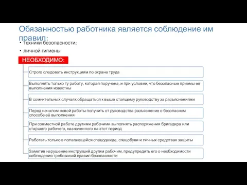 Обязанностью работника является соблюдение им правил: техники безопасности; личной гигиены