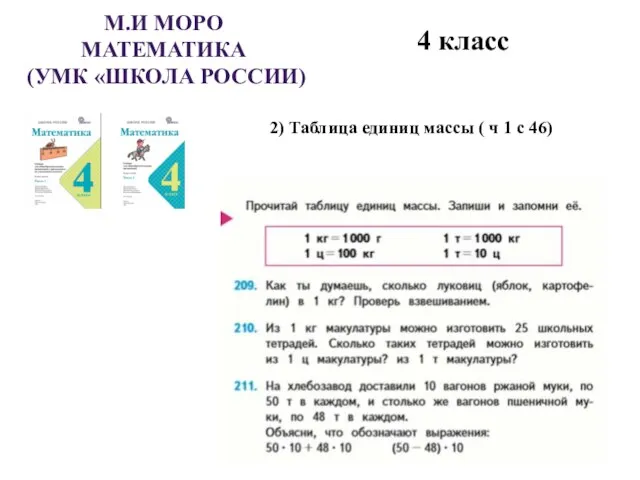М.И МОРО МАТЕМАТИКА (УМК «ШКОЛА РОССИИ) 4 класс 2) Таблица единиц