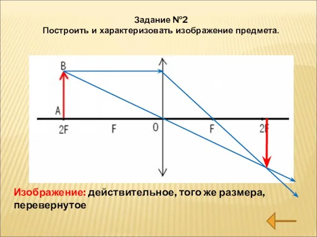 Изображение: действительное, того же размера, перевернутое Задание №2 Построить и характеризовать изображение предмета.