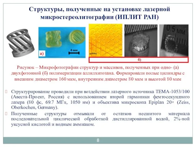 Структуры, полученные на установке лазерной микростереолитографии (ИПЛИТ РАН) Структурирование проводили при