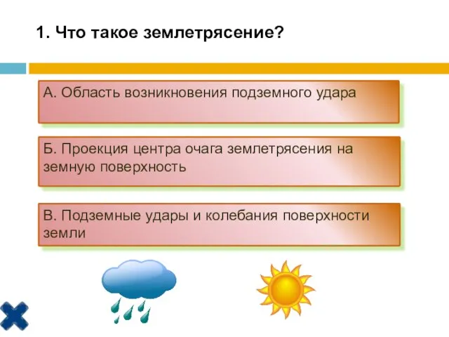 1. Что такое землетрясение? А. Область возникновения подземного удара Б. Проекция