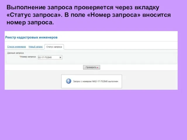 Выполнение запроса проверяется через вкладку «Статус запроса». В поле «Номер запроса» вносится номер запроса.