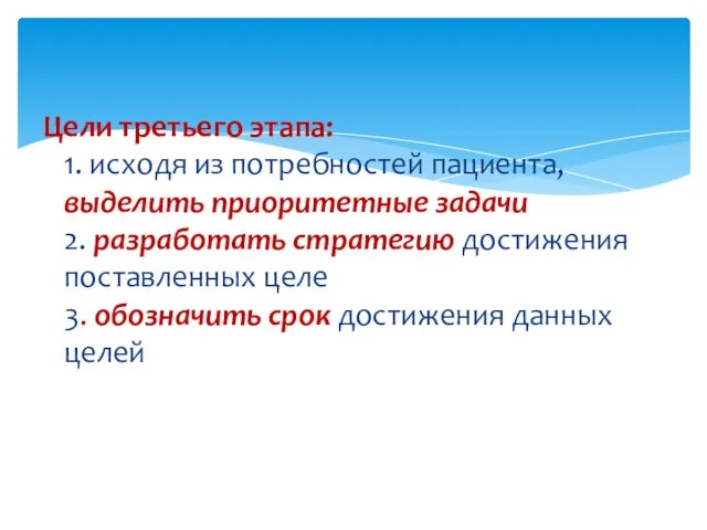 Цели третьего этапа: 1. исходя из потребностей пациента, выделить приоритетные задачи