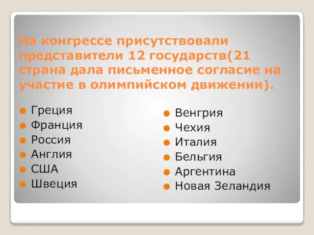 На конгрессе присутствовали представители 12 государств(21 страна дала письменное согласие на