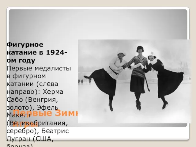 Первые Зимние Олимпийские игры Фигурное катание в 1924-ом году Первые медалисты