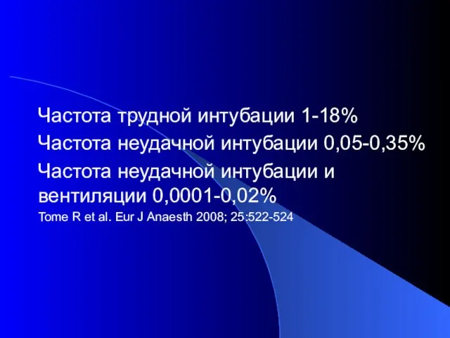 Частота трудной интубации 1-18% Частота неудачной интубации 0,05-0,35% Частота неудачной интубации