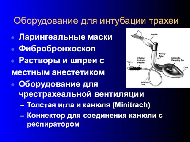 Оборудование для интубации трахеи Ларингеальные маски Фибробронхоскоп Растворы и шпреи с