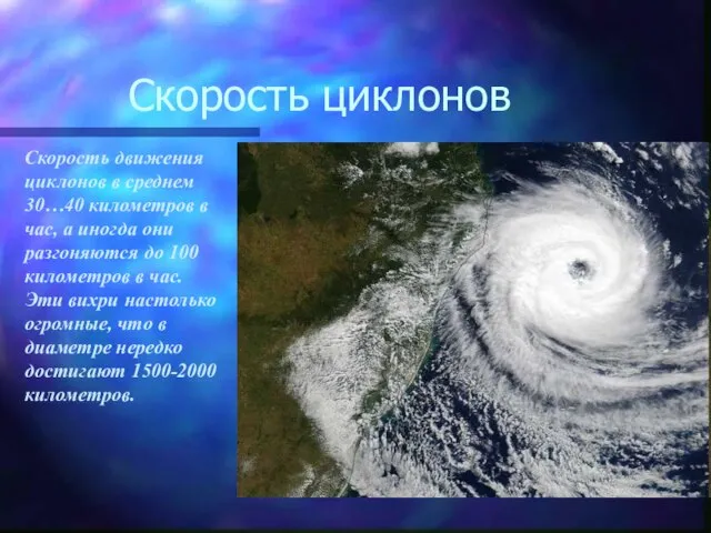Скорость циклонов Скорость движения циклонов в среднем 30…40 километров в час,