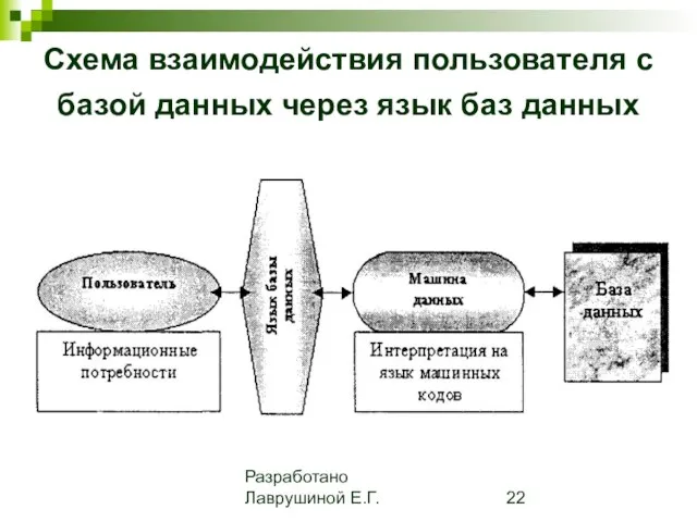 Разработано Лаврушиной Е.Г. Схема взаимодействия пользователя с базой данных через язык баз данных