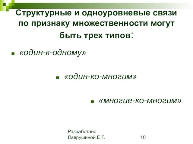 Разработано Лаврушиной Е.Г. Структурные и одноуровневые связи по признаку множественности могут