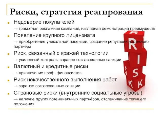 Риски, стратегия реагирования Недоверие покупателей → грамотная рекламная кампания, наглядная демонстрация