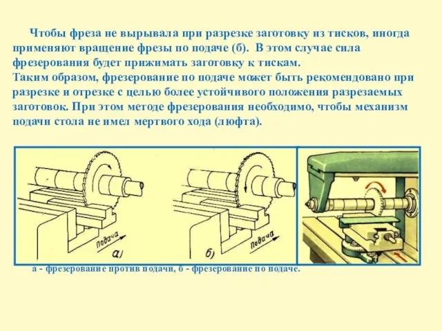 Чтобы фреза не вырывала при разрезке заготовку из тисков, иногда применяют