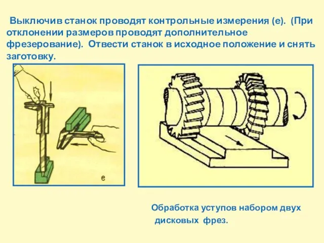 Выключив станок проводят контрольные измерения (е). (При отклонении размеров проводят дополнительное