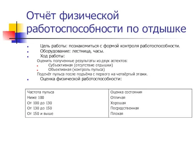 Отчёт физической работоспособности по отдышке Цель работы: познакомиться с формой контроля