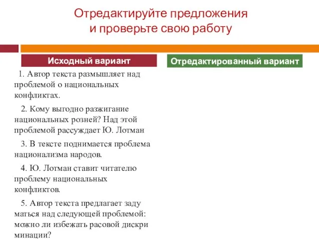 Отредактируйте предложения и проверьте свою работу 1. Автор текста размышляет над