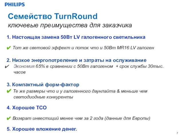 Семейство TurnRound ключевые преимущества для заказчика 1. Настоящая замена 50Вт LV