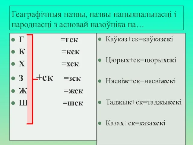 Геаграфічныя назвы, назвы нацыянальнасці і народнасці з асновай назоўніка на… Г