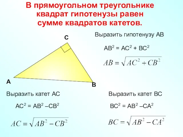 С А В АВ2 = АС2 + ВС2 Выразить гипотенузу АВ