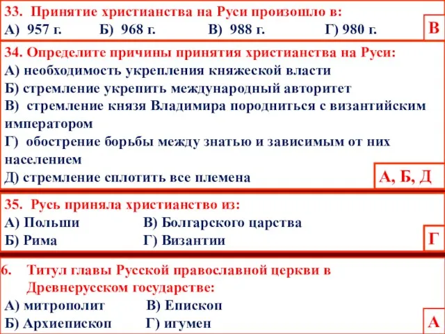 33. Принятие христианства на Руси произошло в: А) 957 г. Б)