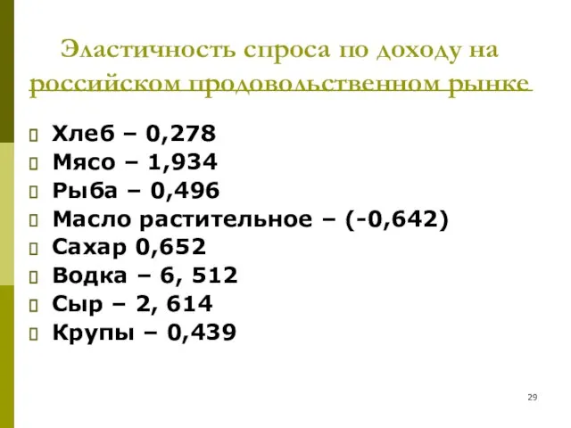Эластичность спроса по доходу на российском продовольственном рынке Хлеб – 0,278