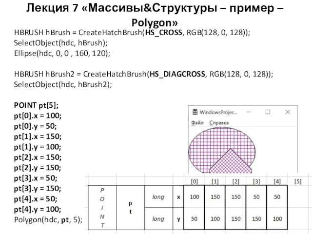 Лекция 7 «Массивы&Структуры – пример – Polygon» HBRUSH hBrush = CreateHatchBrush(HS_CROSS,