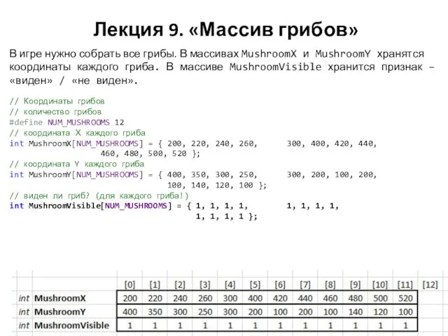 Лекция 9. «Массив грибов» // Координаты грибов // количество грибов #define