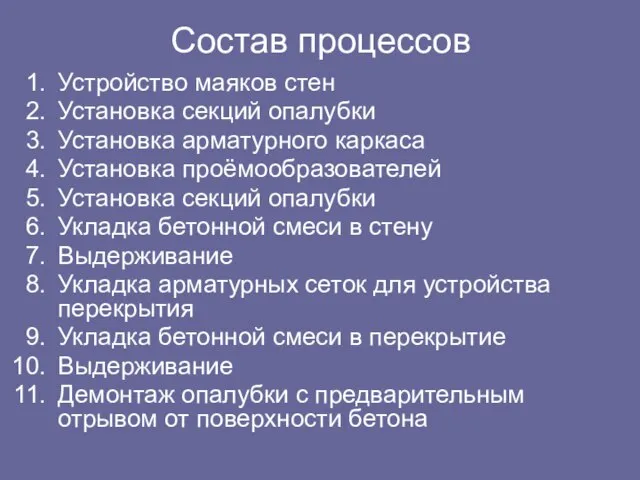 Состав процессов Устройство маяков стен Установка секций опалубки Установка арматурного каркаса