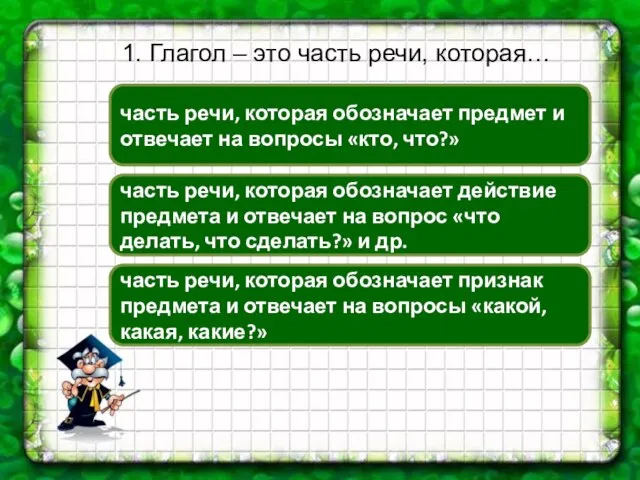 1. Глагол – это часть речи, которая… часть речи, которая обозначает