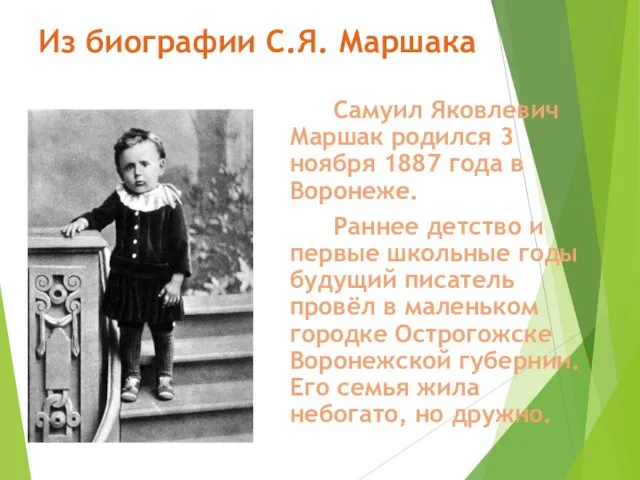 Из биографии С.Я. Маршака Самуил Яковлевич Маршак родился 3 ноября 1887