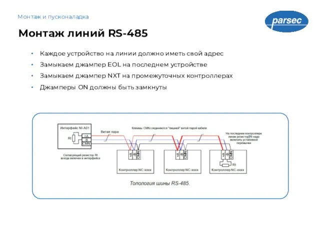 Монтаж линий RS-485 Монтаж и пусконаладка Каждое устройство на линии должно