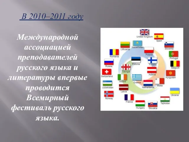 В 2010–2011 году Международной ассоциацией преподавателей русского языка и литературы впервые проводится Всемирный фестиваль русского языка.