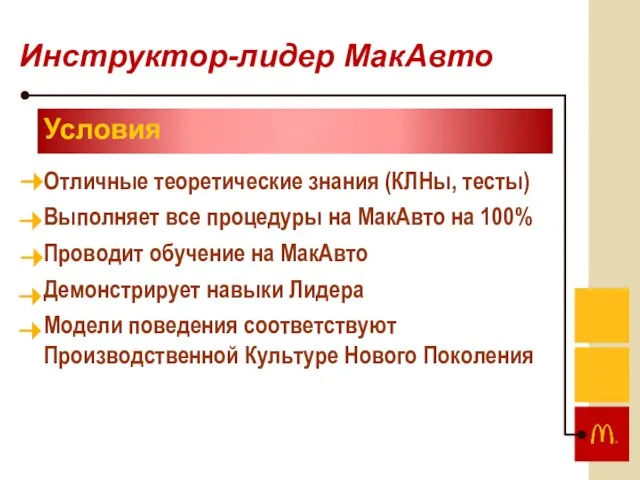 Инструктор-лидер МакАвто Условия Отличные теоретические знания (КЛНы, тесты) Выполняет все процедуры