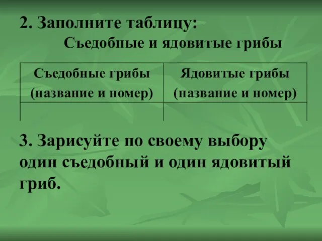 2. Заполните таблицу: Съедобные и ядовитые грибы 3. Зарисуйте по своему