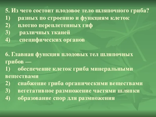 5. Из чего состоит плодовое тело шляпочного гриба? 1) разных по