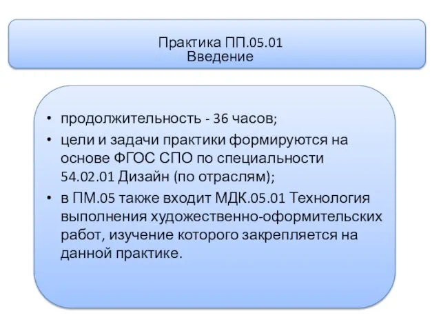 продолжительность - 36 часов; цели и задачи практики формируются на основе