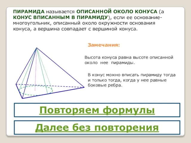 ПИРАМИДА называется ОПИСАННОЙ ОКОЛО КОНУСА (а КОНУС ВПИСАННЫМ В ПИРАМИДУ), если