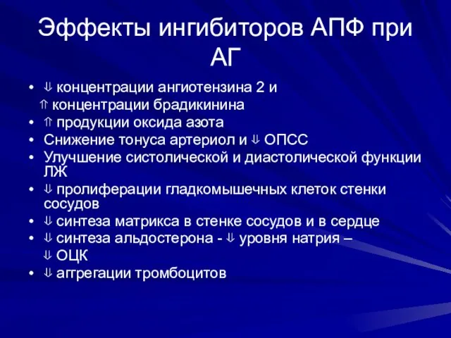 Эффекты ингибиторов АПФ при АГ ⇓ концентрации ангиотензина 2 и ⇑