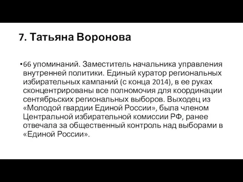 7. Татьяна Воронова 66 упоминаний. Заместитель начальника управления внутренней политики. Единый