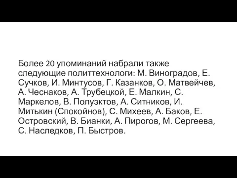 Более 20 упоминаний набрали также следующие политтехнологи: М. Виноградов, Е. Сучков,